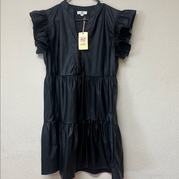 Entro Black Faux Leather Ruffle Mini Dress - Picture 2 of 4